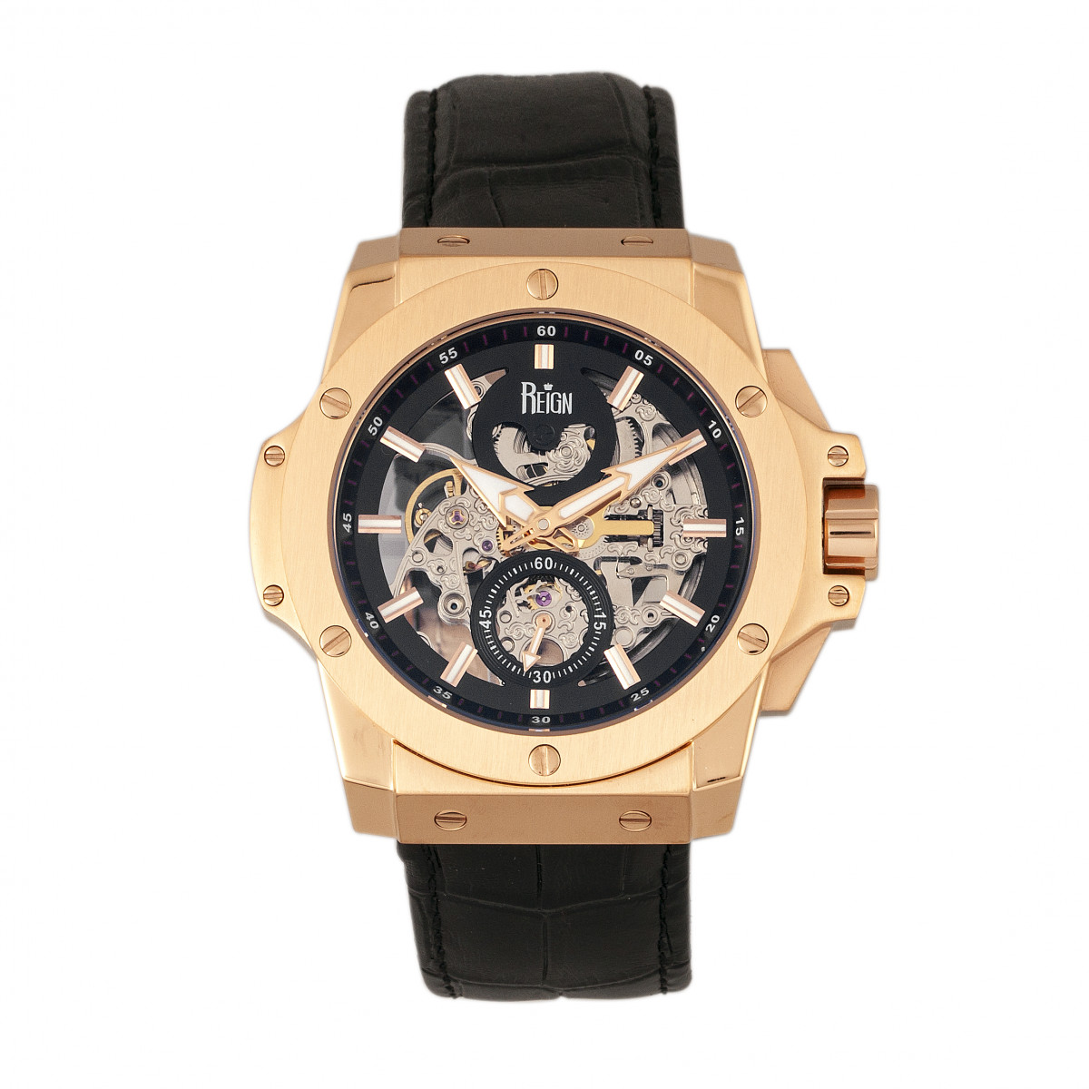 Reign Commodus automatisch skelet horloge met leren band