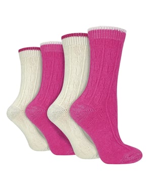 Wildfeet - 4-Paar Dames Kabel Brei Sokken | Lurex Glittersokken voor Vrouwen - Crème / roze