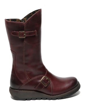Fly London Dames Wijn MES 2 Wedge Heel Buckle Mid-Calf Leren Zip Platform Laarzen