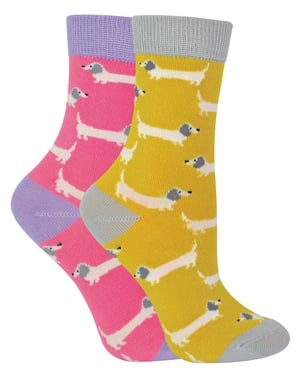 Set van 2 sokken met dierenprint voor meisjes | Miss Sparrow | Casual grappig patroon crew bamboe sokken | Grappige nieuwe sokken voor kinderen - Worsthonden
