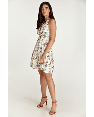 Ecru Bloemen Empire Lijn Mini Jurk