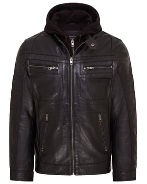 Zwart leren bikerjack met capuchon voor heren - Stavern