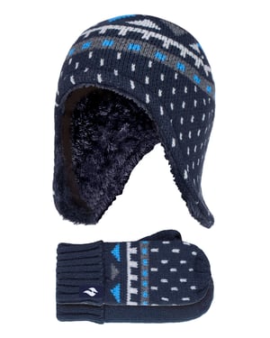 Heat Holders Jongens Nepbont Pom Pom Muts & Wanten - Marine