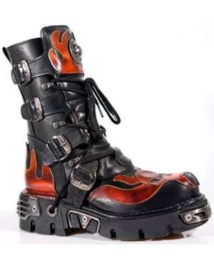 New Rock Flame geaccentueerde zwart/rode leren biker-schedellaarzen - 107-S1