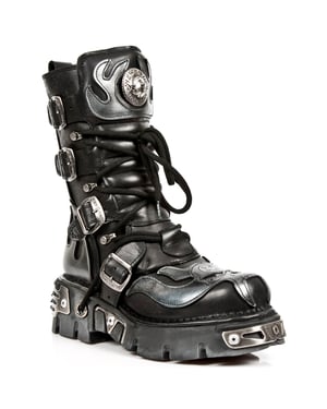 New Rock Flame geaccentueerde zwart/zilver lederen bikerlaarzen - 107-S2