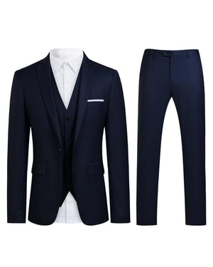 Marineblauw pak met slanke pasvorm en piekrevers