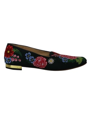 Charlotte Olympia Rozenhof Bloemig Geborduurde Instappers in Groene Stof