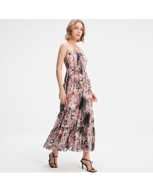 Bustier Chiffon Maxi -jurk met abstracte bloemenprint