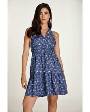 Indigo Bloemen Empire Lijn Mini Jurk