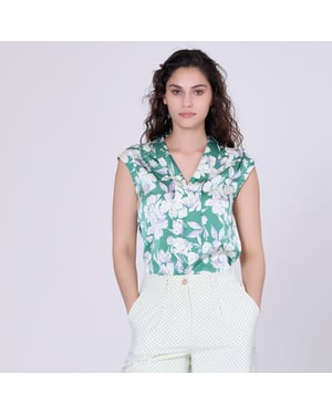 Mouwloze blouse met brede platte kraag en macro bloem afdrukken