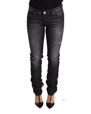 Acht Zwarte Gewassen Katoenen Lage Taille Skinny Jeans