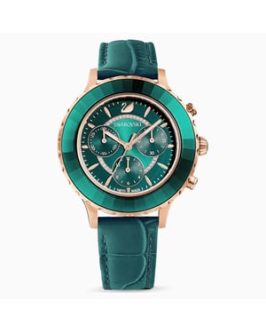 Swarovski Octea Lux Chrono Horloge, Leren Band, Groen, Rose-Goudkleurig PVD