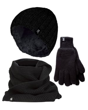 Heren Gehaakte Muts Sjaal Handschoenen Set | Heat Holders | Luxe Zachte Fleece Gevoerde Winterset voor Koud Weer - Zwart