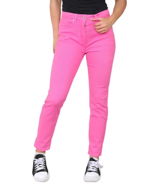 M&Co Dames jeans met hoge taille en taps toelopende rechte pijpen in roze