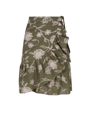 Olijf Geborduurde Bloemen Wikkel Ruffle Rok