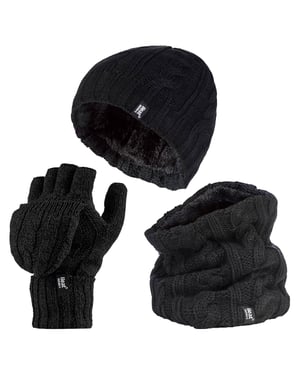 Heat Holders dameshoed, nekwarmer handschoenen set - Zwart