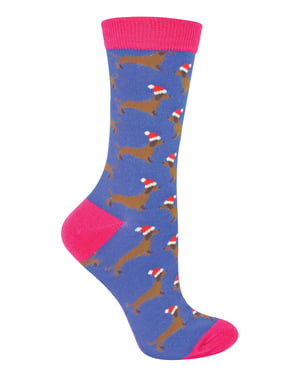 Miss Sparrow - 2 Paar Dames Kerst Sausage Dog Sokken, Sokken met Teckel Motief - Santa Dog (Denim)
