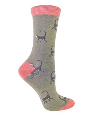 Miss Sparrow - Dames Animal Design BamboeSokken - Monkey (Olive)