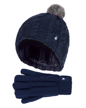 Heat Holders Meisjes Cable Bobble Muts En Handschoenen Set - Marine