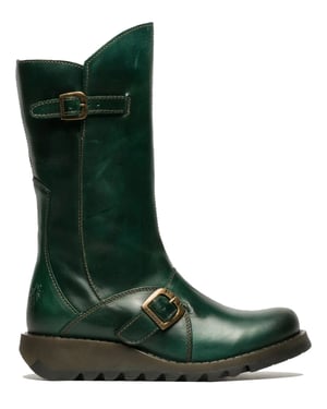 Fly London Dames Groene MES 2 Wedge Heel Buckle Mid-Calf Leren Zip Platform Laarzen