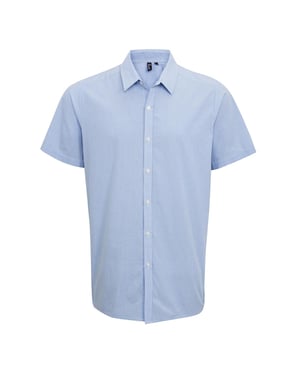 Premier Heren Micro Gingham geruit katoenen overhemd met korte mouwen (Lichtblauw/Wit)