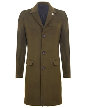 Lange olijfwollen slim-fit overjas voor heren