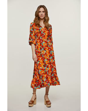 Midi jurk met bloemmotief en ruches