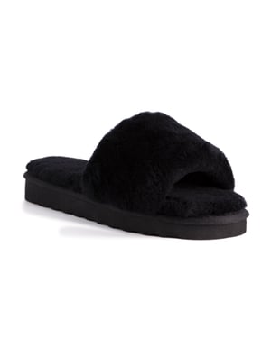 Aus Wooli Australia Womens Schapenvacht Fluff Slippers Zwart