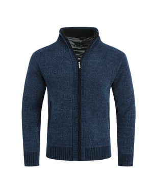 Herenvest met rits en opstaande kraag, gevoerde grofgebreide trui marineblauw