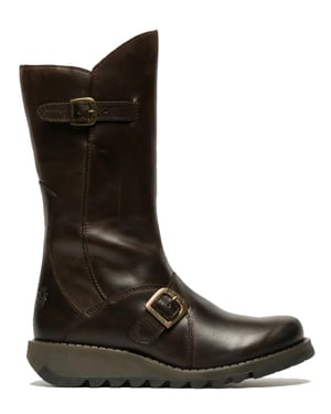 Fly London Dames Bruine MES 2 Wedge Heel Buckle Mid-Calf Leren Zip Platform Laarzen