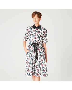 Fit-en-flare bladeren Printjurk met brede riem