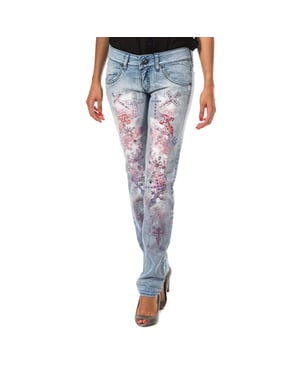 Lange denim broek met gescheurd effect en skinny zomen F054176 vrouw