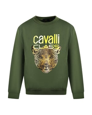 Cavalli Class Leoplardprint Logo Olijfgroene Trui