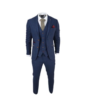 Heren Blauwe Tweed Ruit 3-Piece Pak