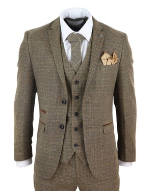 Heren 3-delig Bruin Tweed Ruit Vintage Retro Pak