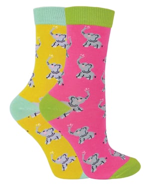 Set van 2 sokken met dierenprint voor meisjes | Miss Sparrow | Casual grappig patroon crew bamboe sokken | Grappige nieuwe sokken voor kinderen - Olifanten