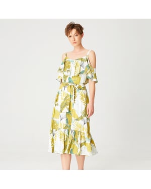 Tropische print trapeze -jurk met ruches en dunne riemen