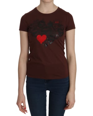 Exte Dames Bruin Hartprint Rundhals T-shirt Korte Mouw Blouse