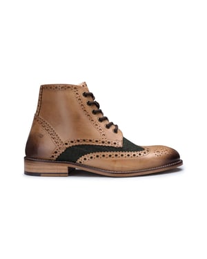 Heren klassieke Oxford Tan lederen Gatsby brogue enkellaarzen met groene tweed