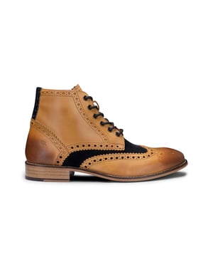 Heren klassieke Oxford Tan lederen Gatsby brogue enkellaarzen met marineblauw suède