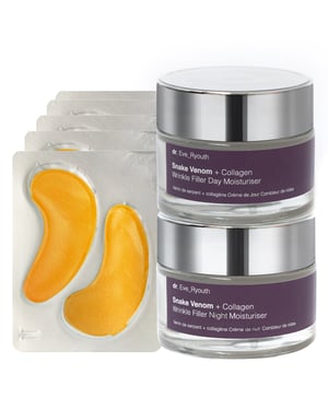 24K Goud + Antioxidant Hydraterende Oogbehandeling Pads + Slangenvenijn + Collageen Rimpelvuller Dagcrème 50ml + Slangenvenijn + Collageen Rimpelvuller Nachtcrème 50ml