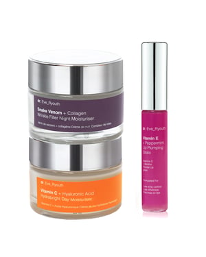 Vitamine C + Hyaluronzuur Hydrabright Dagcrème 50 ml + Slangengif + Collageen Rimpelvuller Nachtcrème 50 ml + Vitamine E Lip LPumps 8 ml