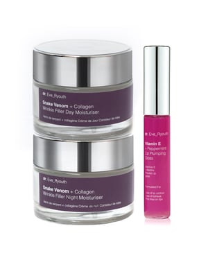 Slangengif + Collageen Rimpelvuller Dagcrème 50 ml + Slangengif + Collageen Rimpelvuller Nachtcrème 50 ml + Vitamine E Lip Plumps 8 ml