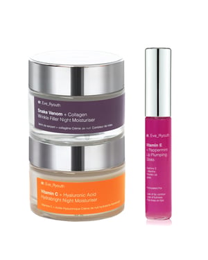 Vitamine C + Hyaluronzuur Hydrabright Nachtcrème 50 ml + Slangengif + Collageen Rimpelvuller Nachtcrème 50 ml + Vitamine E Lip Plumps 8 ml