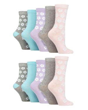 Wildfeet - 10 Paar Dames Bamboe Crewsokken - Jacquard Sokken - Bloemen Pastel