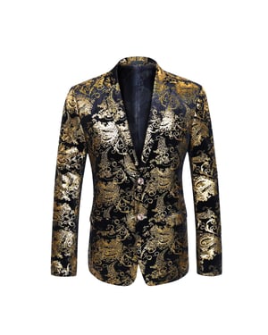 Stijlvolle gouden blazerjurk met bloemenblazer