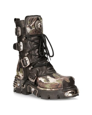 New Rock Flame geaccentueerde leren motorlaarzen met camouflagemotief - M-591-S15