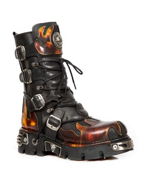 New Rock Flame geaccentueerde zwart/rode leren laarzen - 591-S1