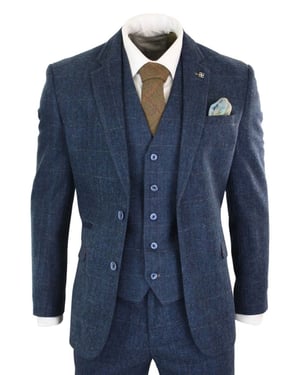Heren 3-delig marineblauw tweed visgraat vintage klassiek pak