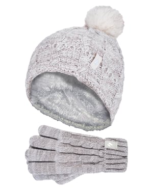 Heat Holders Meisjes Cable Bobble Muts En Handschoenen Set - Havermoutwending